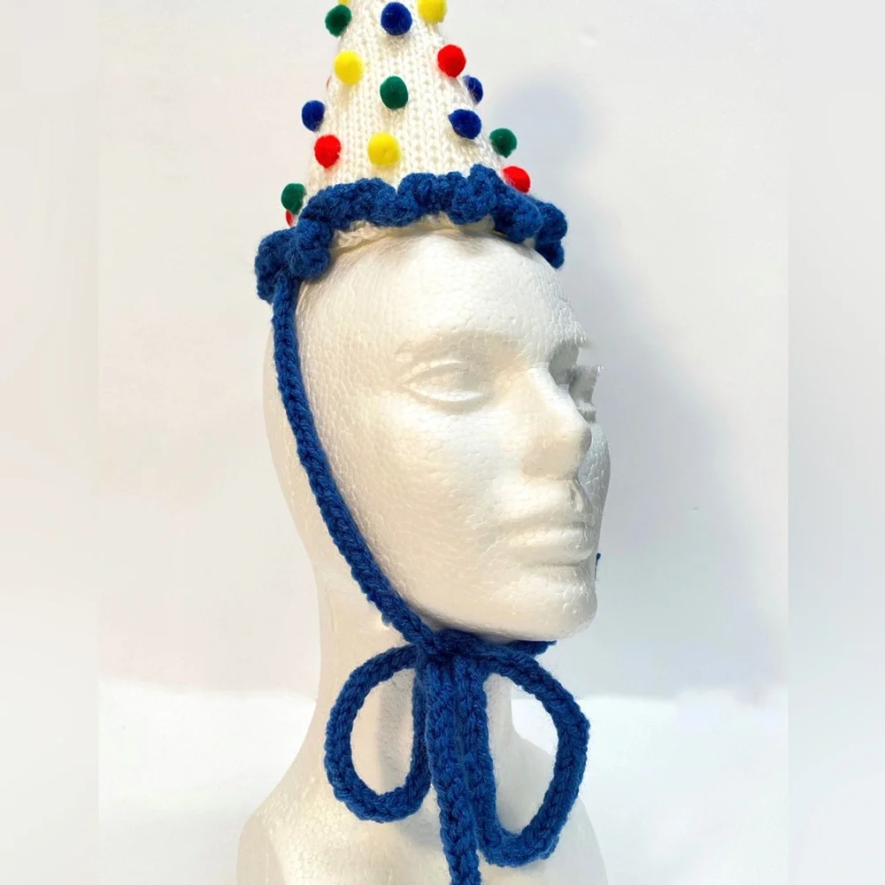 NWT Hand Knit Party Hat in Primary Colors with Neck Tie size Fits Most